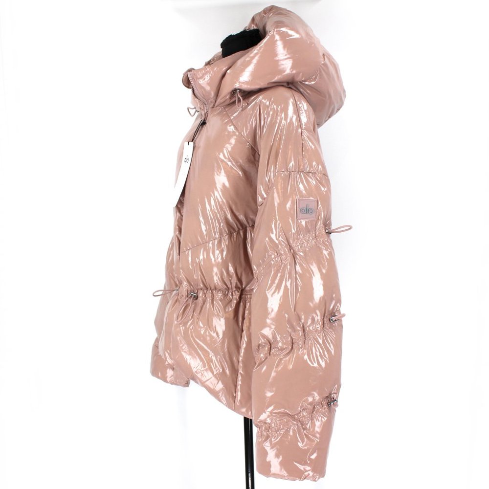 ALO Yoga Stunner Puffer Jacket High Gloss Dusty Pink Coat Hooded L NEW - Picture 6 of 10